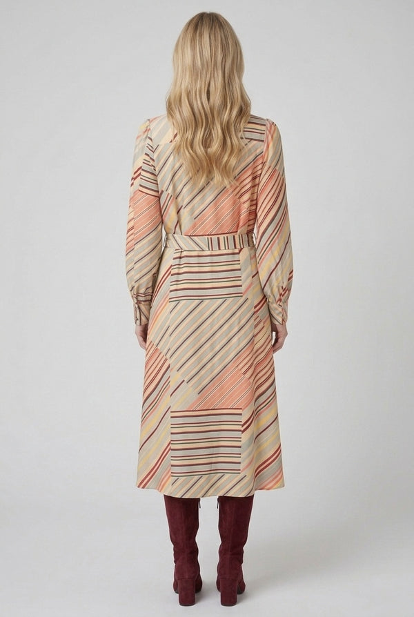 Sage | Striped Long Sleeve Tie Waist Midi Dress