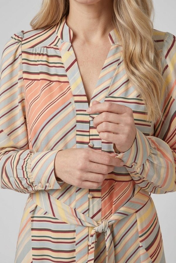 Sage | Striped Long Sleeve Tie Waist Midi Dress