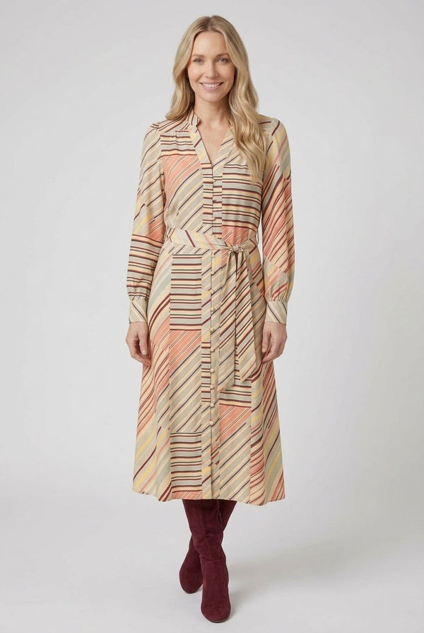 Sage | Striped Long Sleeve Tie Waist Midi Dress