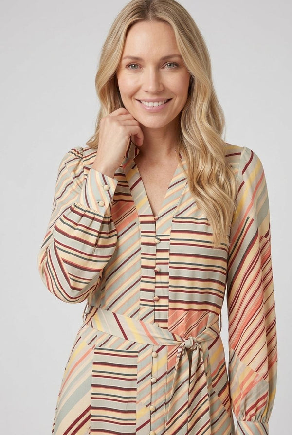 Sage | Striped Long Sleeve Tie Waist Midi Dress