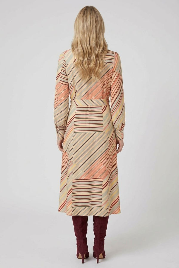Sage | Striped Long Sleeve Tie Waist Midi Dress