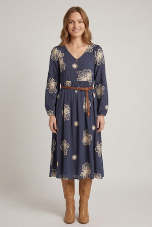 Navy | Floral 1/2 Puff Sleeve Smock Midi Dress