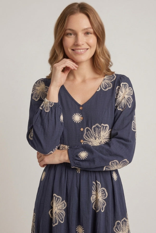 Navy | Floral 1/2 Puff Sleeve Smock Midi Dress