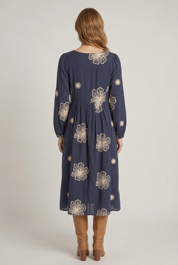 Navy | Floral 1/2 Puff Sleeve Smock Midi Dress