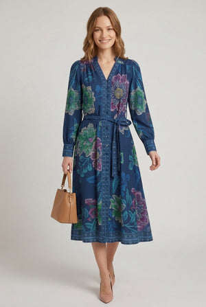 Blue | Floral A-Line Tie Waist Shirt Midi Dress