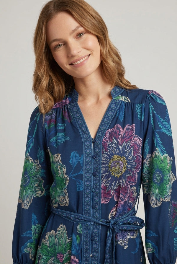 Blue | Floral A-Line Tie Waist Shirt Midi Dress