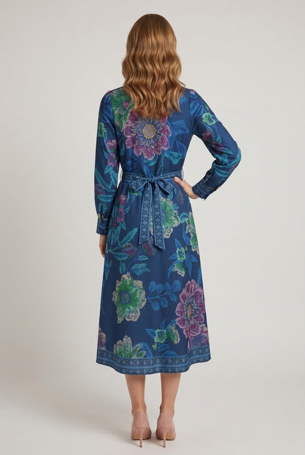 Blue | Floral A-Line Tie Waist Shirt Midi Dress
