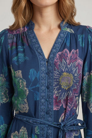 Blue | Floral A-Line Tie Waist Shirt Midi Dress