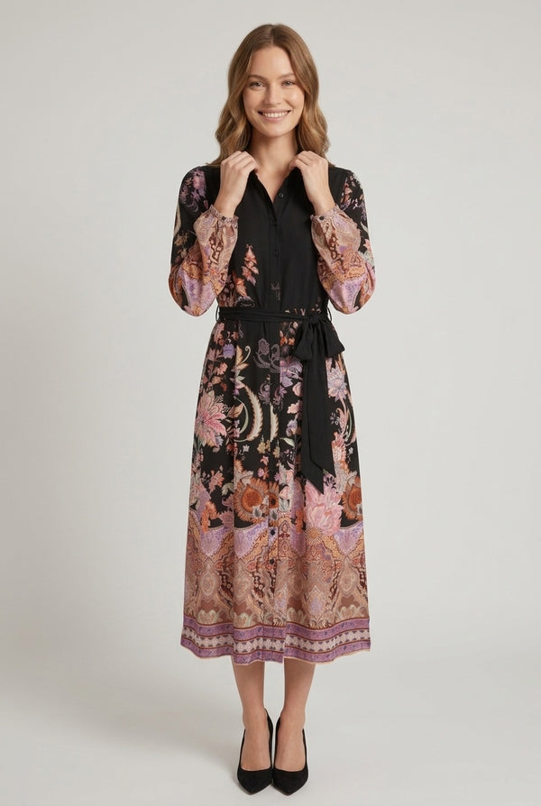 Black | Printed Long Sleeve Tie Shirt Midi Dress