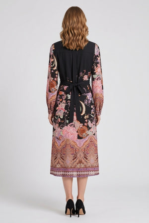 Black | Printed Long Sleeve Tie Shirt Midi Dress