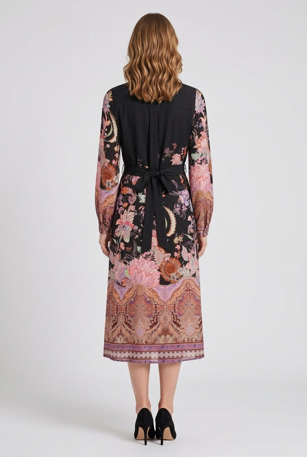 Black | Printed Long Sleeve Tie Shirt Midi Dress
