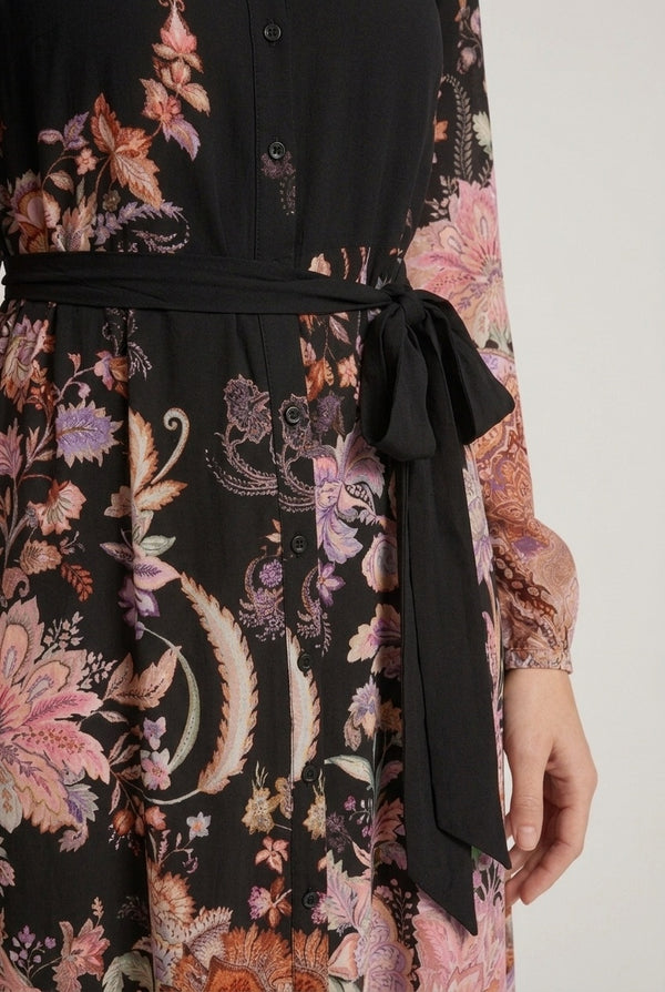 Black | Printed Long Sleeve Tie Shirt Midi Dress