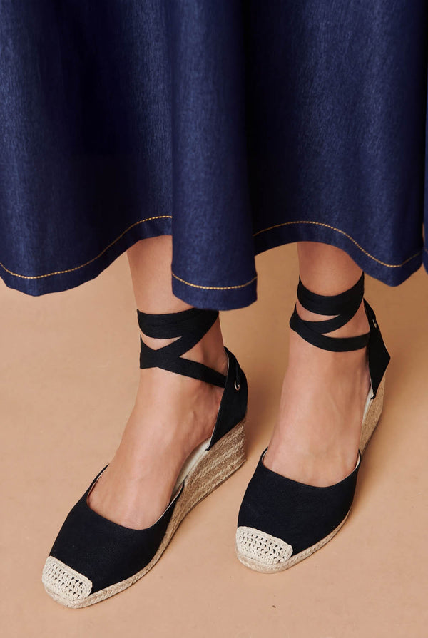 Black | Woven Ankle Tie Wedge Espadrille