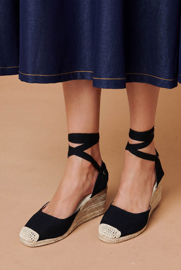 Black | Woven Ankle Tie Wedge Espadrille