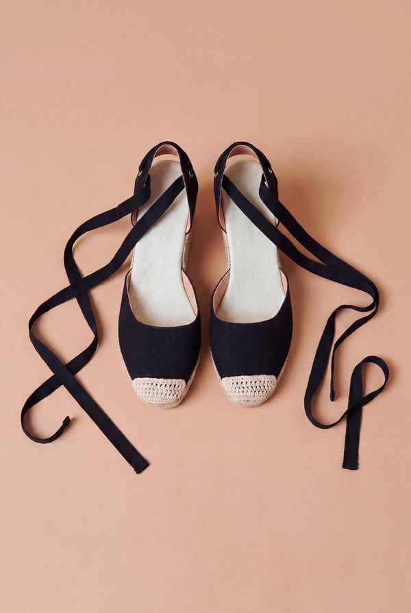 Black | Woven Ankle Tie Wedge Espadrille
