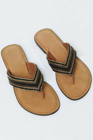 Black | Leather Beaded Detail Flat Sandals
