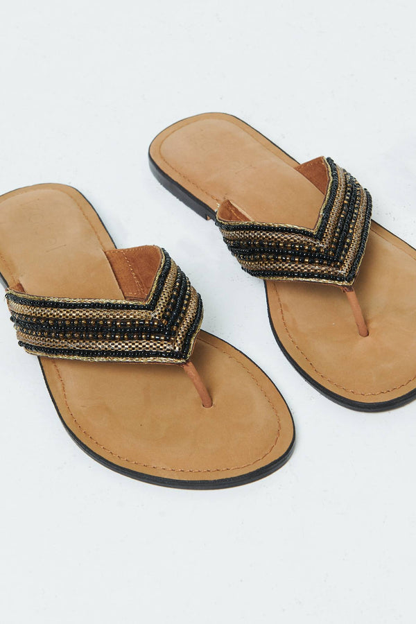 Black | Faux Leather Beaded Detail Flat Sandals