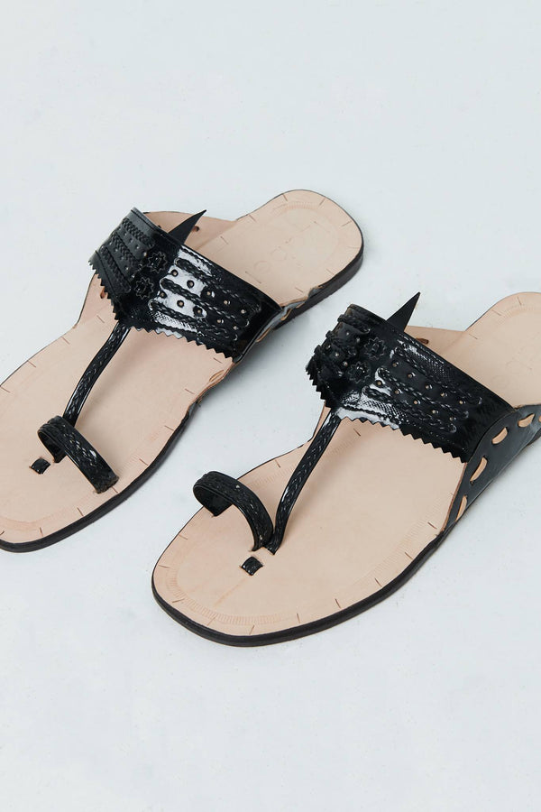 Black | Faux Leather Textured Flat Sandals