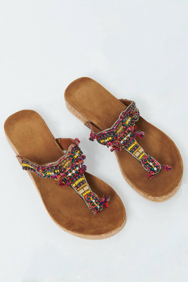 Orange | Beaded Detail Faux Leather Sandals