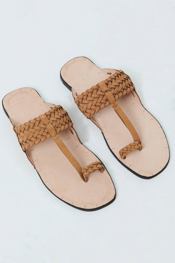 Brown | Faux Leather Woven Texture Flat Sandals