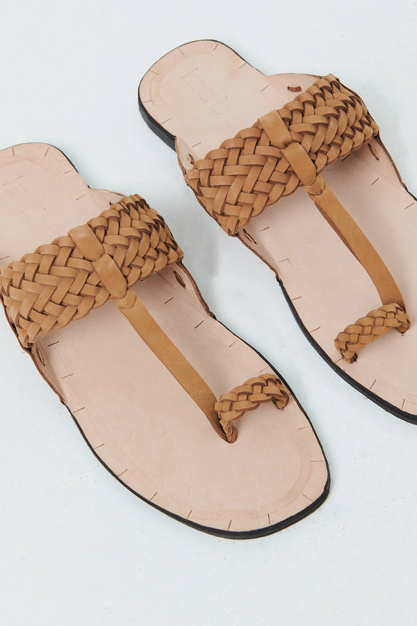 Brown | Faux Leather Woven Texture Flat Sandals
