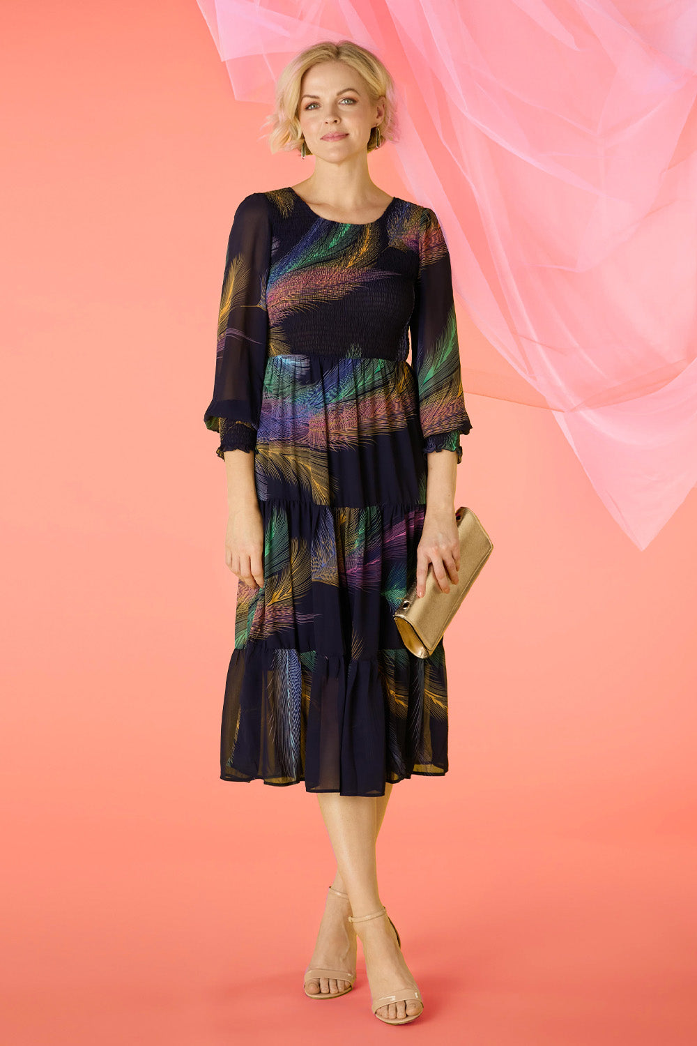 Feather Print Midi Smock Dress