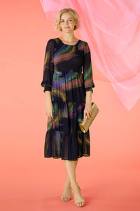 Blue | Feather Print Midi Smock Dress : Model is 5'10
