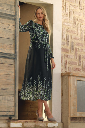 Black | Floral Long Sleeve Chiffon Maxi Dress : Model is 5'10