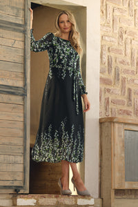 Black | Floral Long Sleeve Chiffon Maxi Dress : Model is 5'10