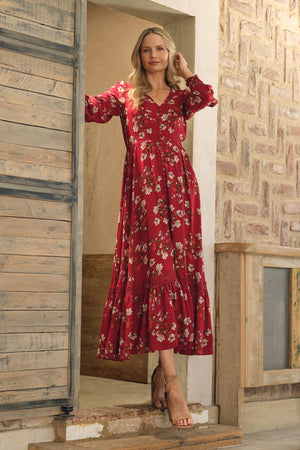 Red | Floral Long Sleeve Lace Trim Maxi Dress : Model is 5'10