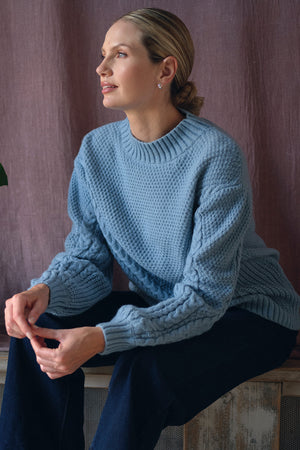 Blue | Chevron Texture Knit High Neck Jumper : Model is 5'10