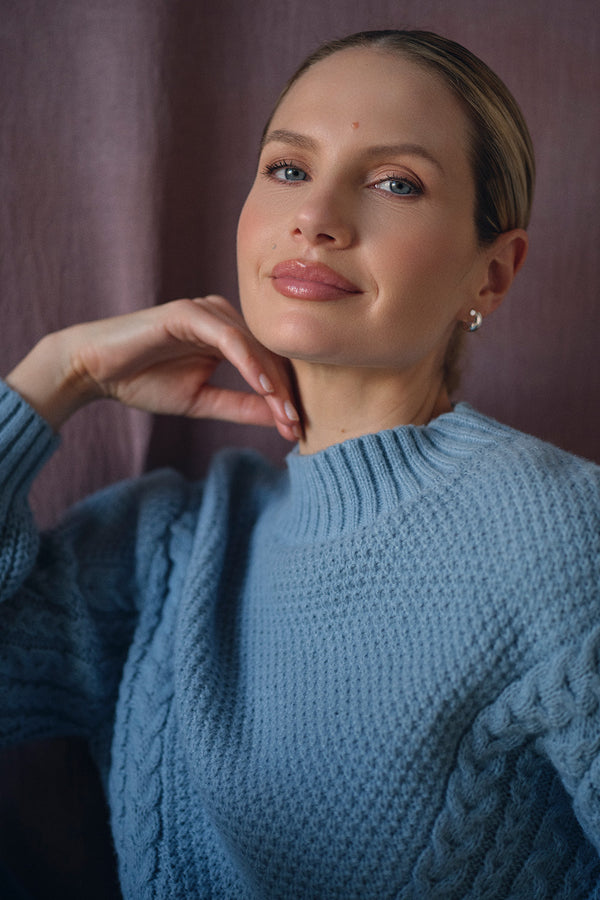 Blue | Chevron Texture Knit High Neck Jumper
