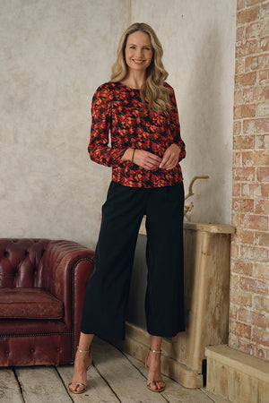 Orange | Printed Semi Sheer Long Sleeve Blouse : Model is 5'10
