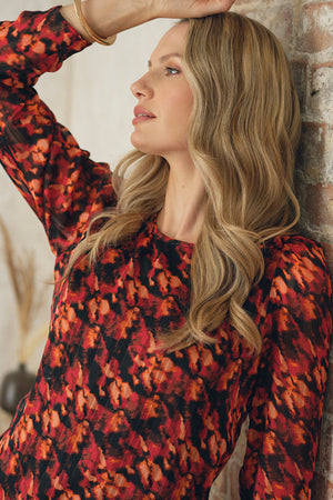 Orange | Printed Semi Sheer Long Sleeve Blouse
