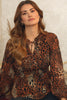 Brown | Animal Print Long Sleeve Tie Neck Blouse :  Model is 5'9