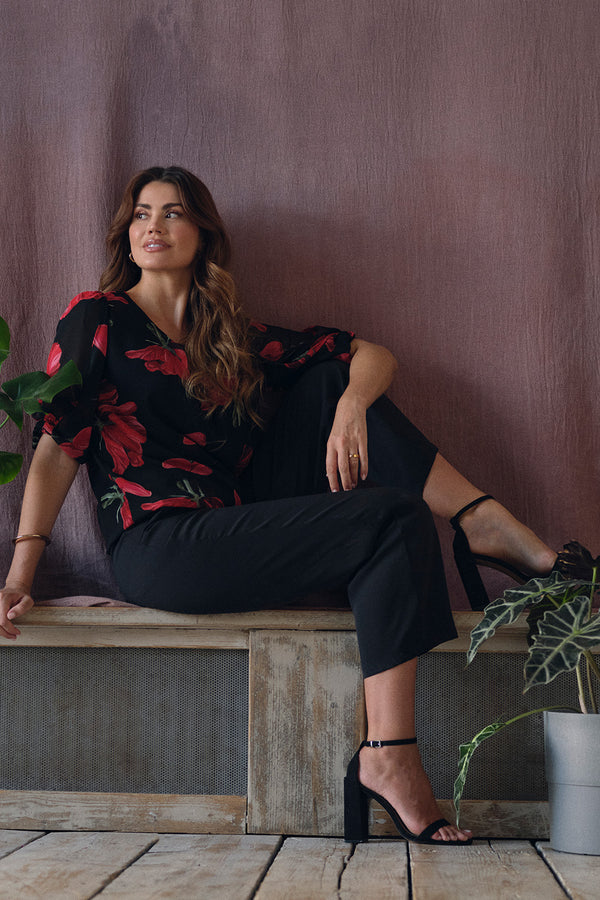 Red | Floral Semi Sheer Puff Sleeve Blouse
