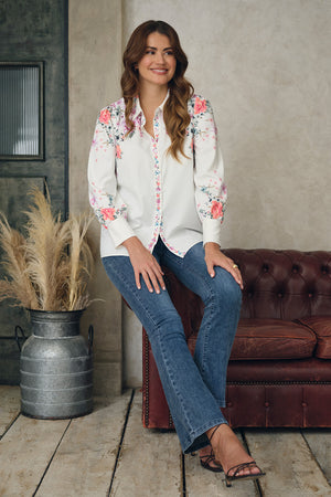 White | Floral Border Print Long Sleeve Shirt :  Model is 5'9