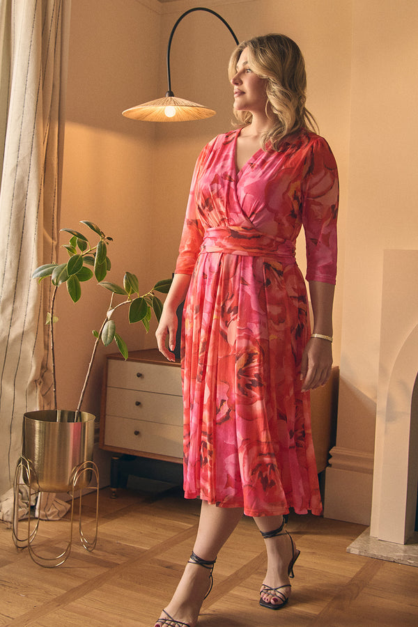 Orange | Floral Mesh Ruched Midi Faux Wrap Dress : Model is 5'8"/172 cm and wears UK14/EU42/US10/AUS14