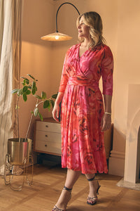 Orange | Floral Mesh Ruched Midi Faux Wrap Dress : Model is 5'8
