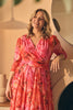 Orange | Floral Mesh Ruched Midi Faux Wrap Dress