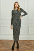 Silver | Abstract Print Long Sleeve Ruched Midi Dress : Model is 5'10
