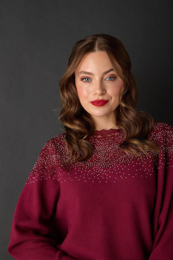 Red | Lace Trim Batwing Long Sleeve Jumper