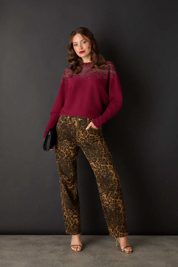 Brown | Animal Print High Waist Wide Leg Jeans : Model is 5'9"/175 cm and wears UK8/EU36/US4/AUS8
