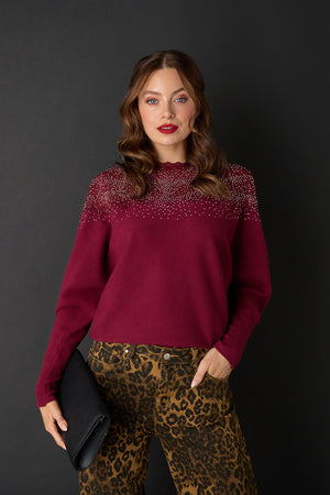 Red | Lace Trim Batwing Long Sleeve Jumper : Model is 5'9
