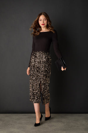 Black | Sequin Embellished High Waist Midi Skirt : Model is 5'9