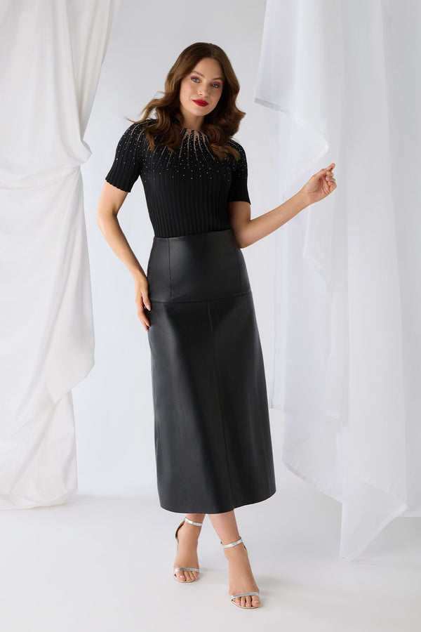 Black | Faux Leather High Waist Midi Skirt : Model is 5'9"/175 cm and wears UK8/EU36/US4/AUS8