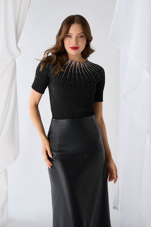 Black | Sequin Embellished Short Sleeve Knit Top
