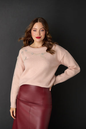 Pink | Sparkly Floral Detail Relaxed Jumper : Model is 5'9