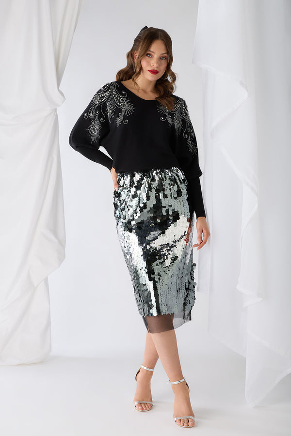Black | Sparkly Embellished V-Neck Jumper