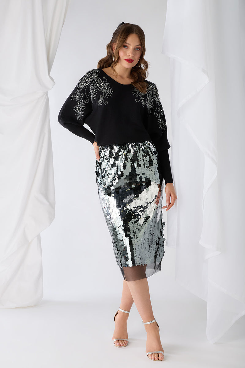 Sequin Embellished Mesh Layer Midi Skirt